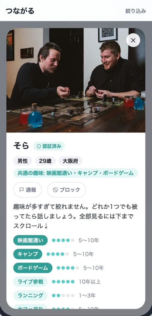 hobby のプロフィール画面(趣味タグごとの経験レベル)